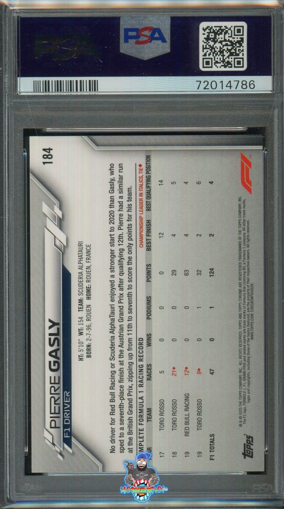 Back of 2020 Topps Chrome Formula 1 70th Anniversary Orange Refractor Pierre Gasly #184