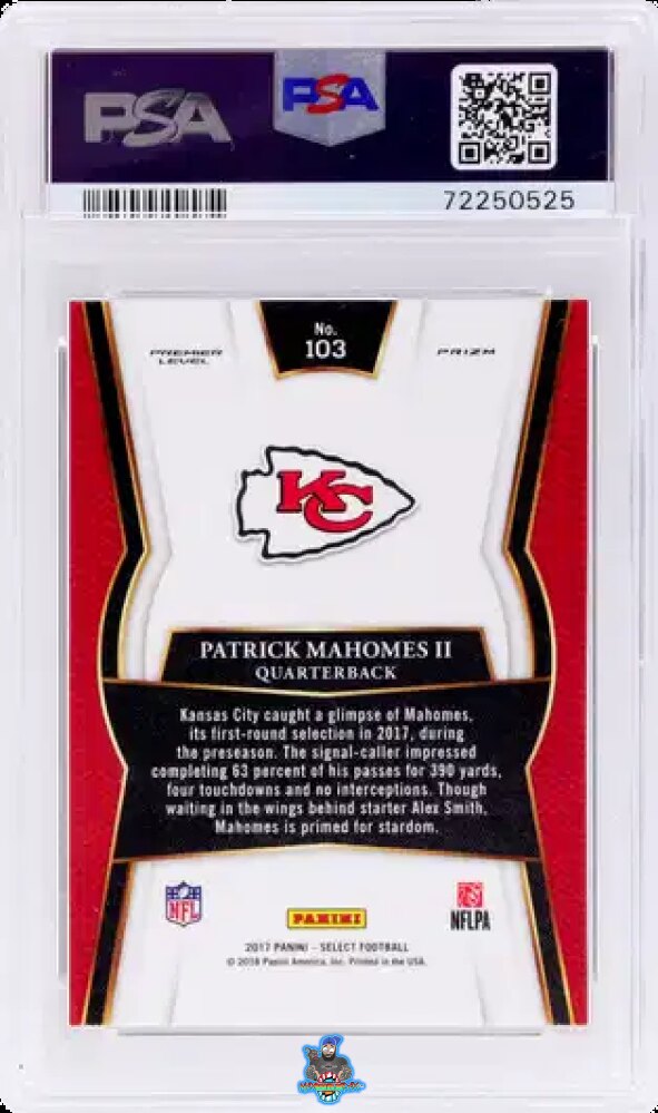 Back of 2017 Panini Select Premier Level Silver Prizm Patrick Mahomes II #103