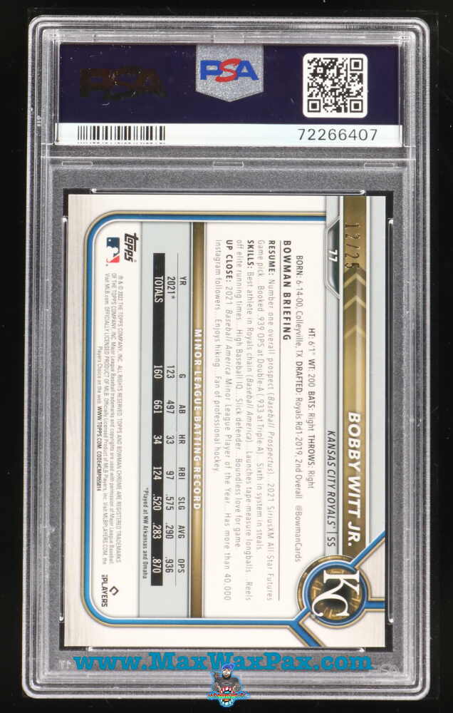 Back of 2022 Bowman Chrome Orange Refractor Bobby Witt Jr. #77 /25