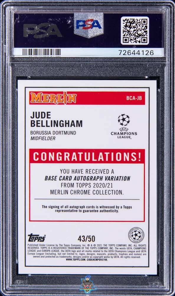 Back of 2020 Merlin UEFA Champions League Chrome Autograph Gold Refractor Jude Bellingham #BCAJB /50
