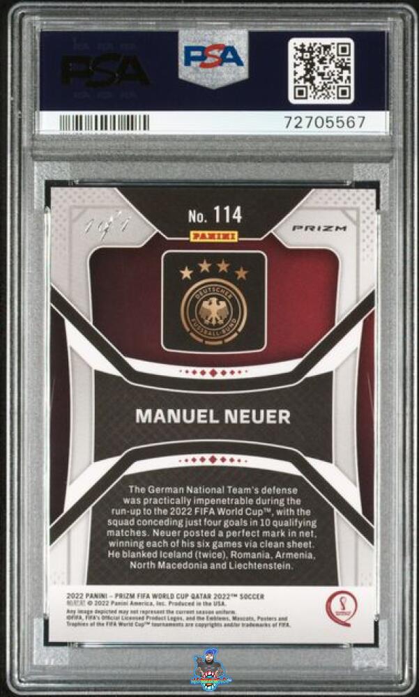 Back of 2022 Panini Prizm World Cup Qatar Black Prizm 1/1 Manuel Neuer #114