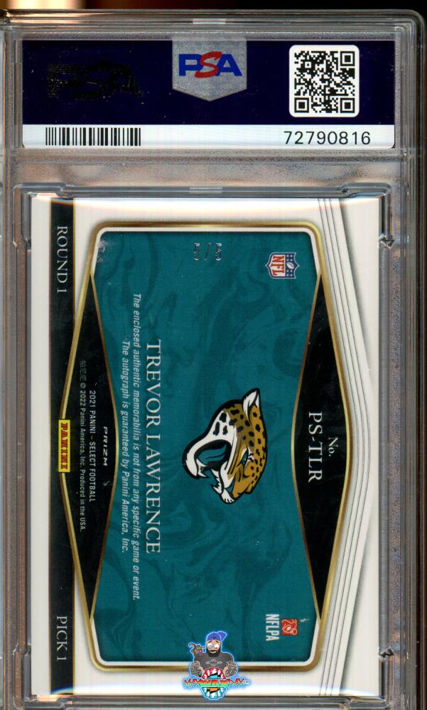 Back of 2021 Panini Select Prime Selections Signature Team Logo Green Prizm Trevor Lawrence #37 /5