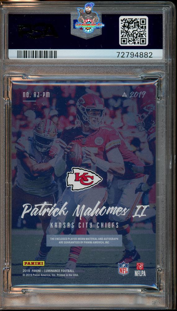Back of 2019 Panini Luminance Jersey Autograph Prime Gold Patrick Mahomes II #1 /10