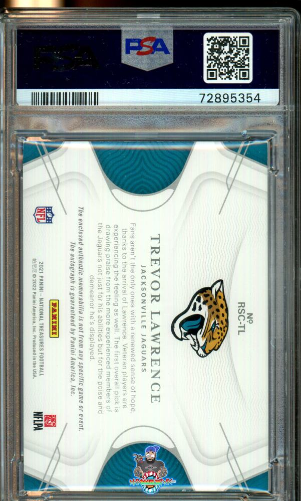 Back of 2021 National Treasures Rookie NFL Gear Signature Combos NFL Player's Laundry Tag Trevor Lawrence #1 /1