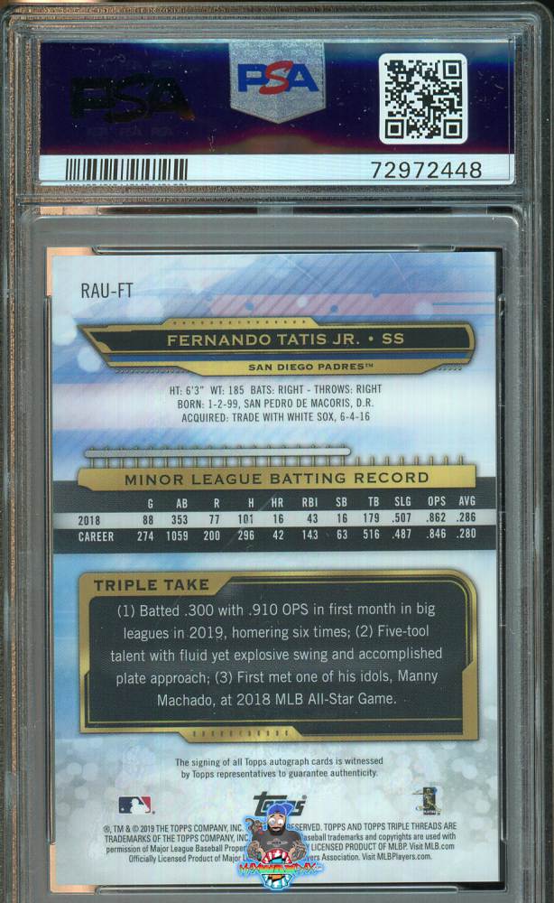 Back of 2019 Topps Triple Threads Rookie Autographs Gold Fernando Tatis Jr. #RAUFT /25