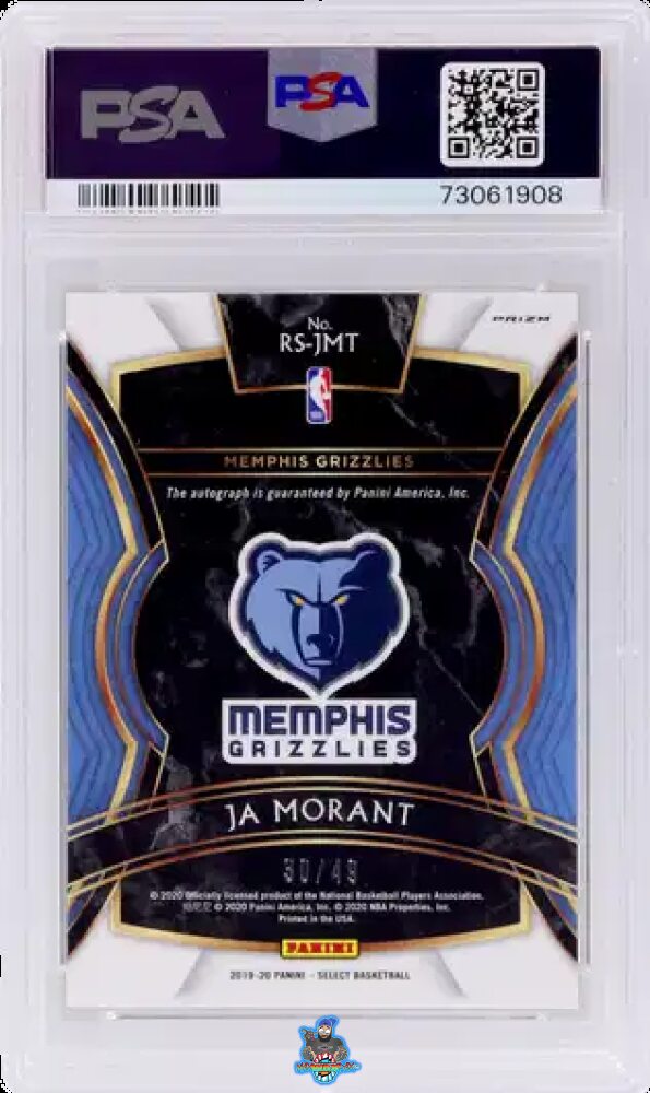 Back of 2019 Panini Select Rookie Signature Neon Green Prizm Ja Morant #RSJMT /49