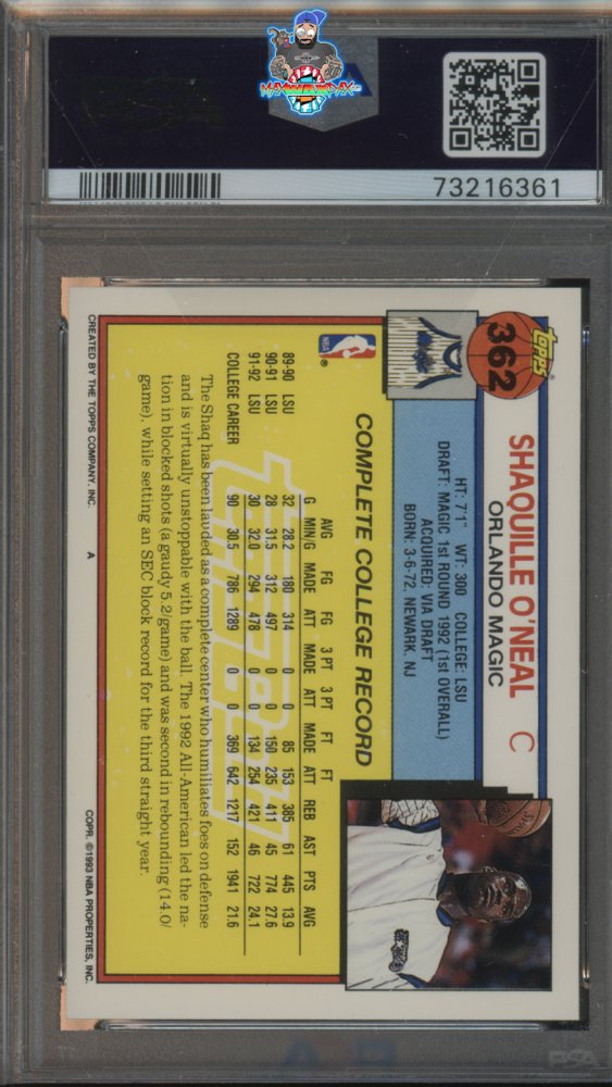 Back of 1992 Topps Gold Shaquille O'Neal #362