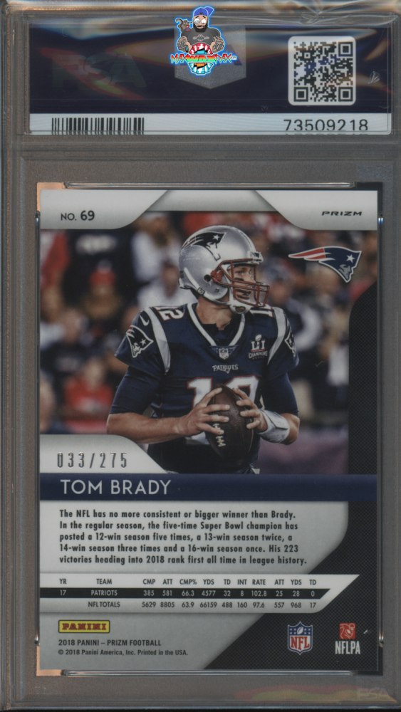 Back of 2018 Panini Prizm Prizms Hyper Tom Brady #69 /275