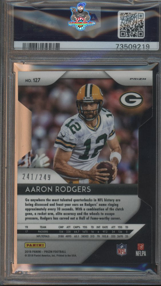 Back of 2018 Panini Prizm Orange Prizm Aaron Rodgers #127 /249