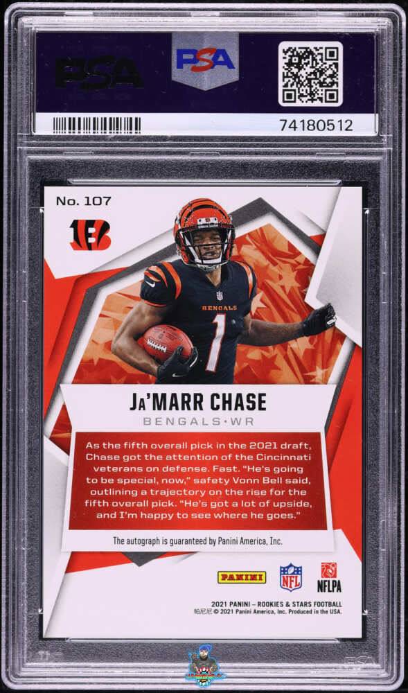 Back of 2021 Panini Rookies and Stars Signature Gold Ja'Marr Chase #107 /10