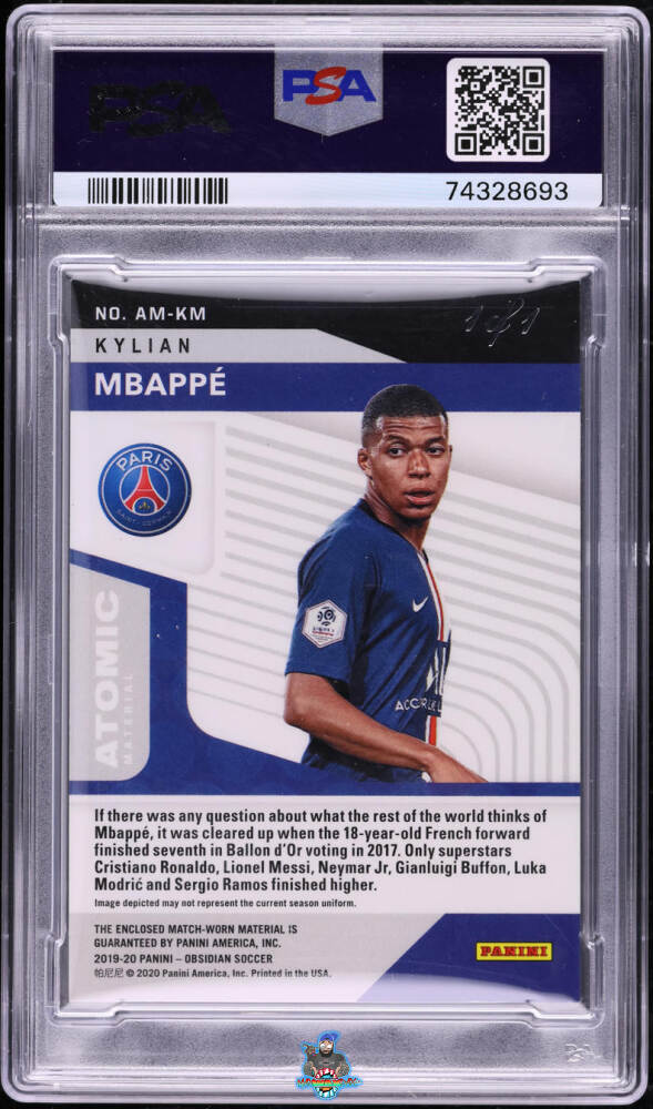 Back of 2019 Panini Obsidian Atomic Materials Electric Etch Blue Finite Kylian Mbappe #14 /1