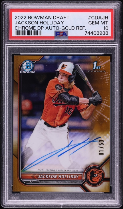 2022 Bowman Chrome Draft Gold Refractor Jackson Holliday PROSPECT AUTO 1/50 #CDA-JH PSA 10 GEM
