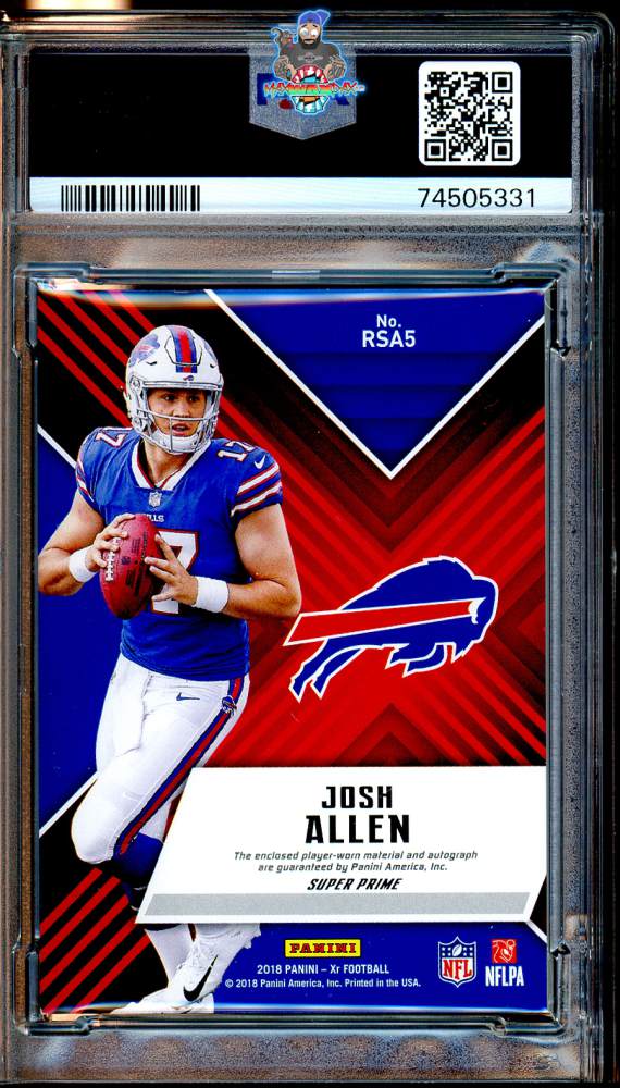 Back of 2018 Panini XR Rookie Swatch Autograph Super Prime Josh Allen #5 /1