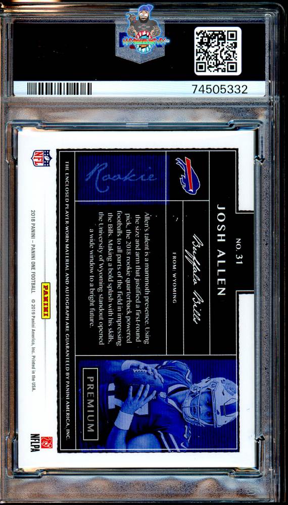 Back of 2018 Panini One Patch Autograph Bronze Josh Allen #31 /25