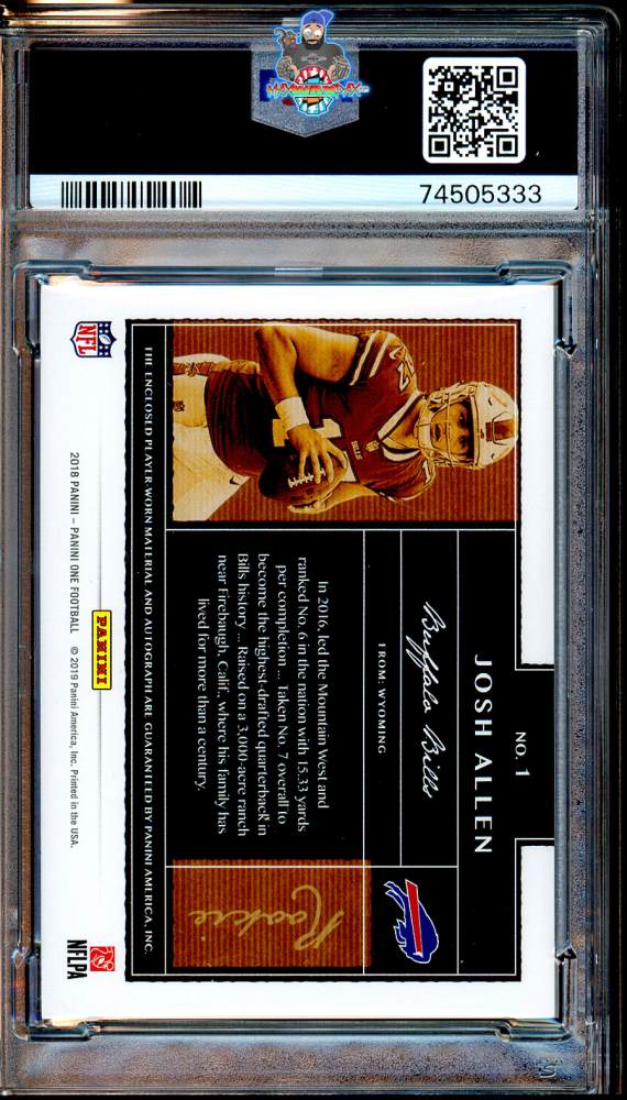 Back of 2018 Panini One Patch Autograph Blue Josh Allen #1 /99
