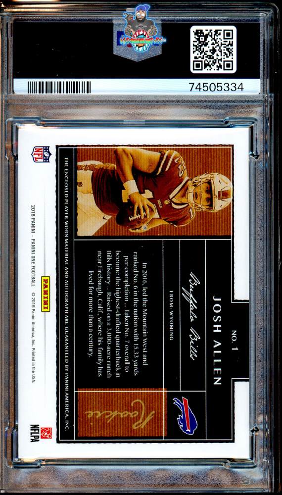 Back of 2018 Panini One Rookie Patch Autograph Josh Allen #1 /199