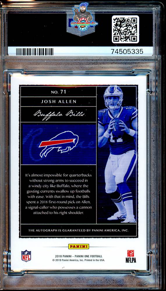Back of 2018 Panini One Autograph Josh Allen #71 /49