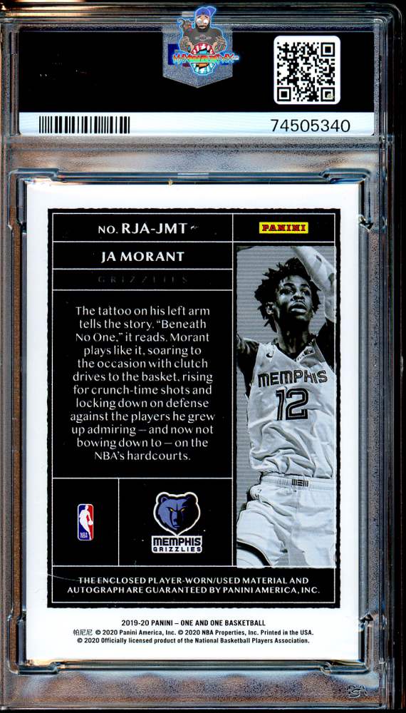 Back of 2019 Panini One and One Rookie Jersey Autograph Ja Morant #15 /99