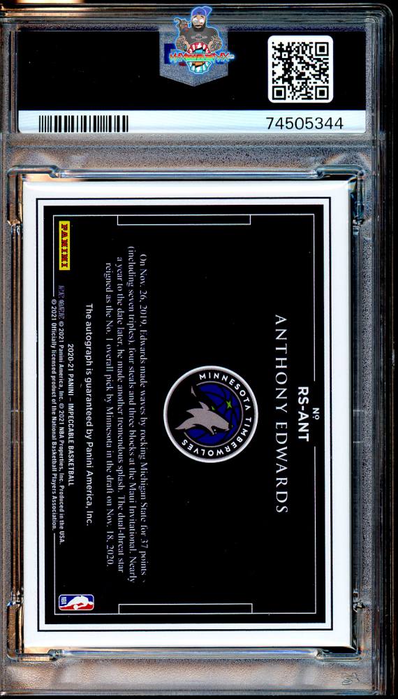 Back of 2020 Panini Impeccable Rookie Signature Anthony Edwards #1 /99