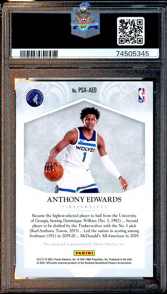 Back of 2020 National Treasures Rookie Private Signings Autograph Association Version Anthony Edwards #PSAAED