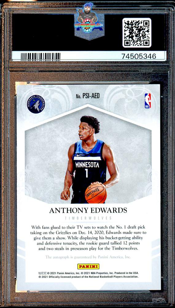 Back of 2020 Panini Spectra Private Signings Icon Anthony Edwards #PSI-AED