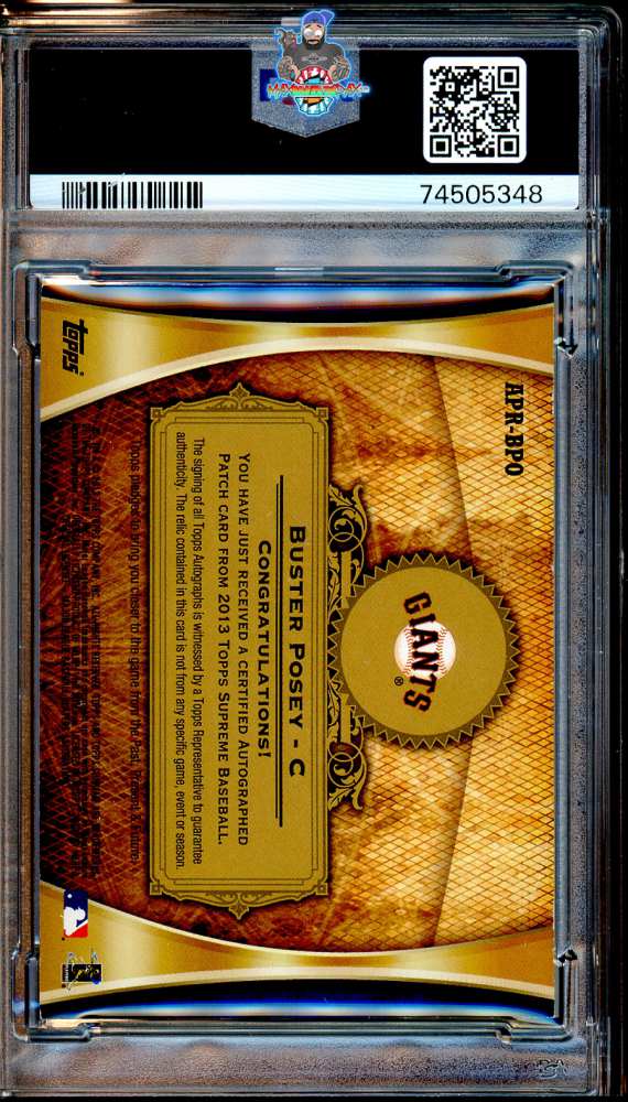 Back of 2013 Topps Supreme Autograph Patch Supreme Red Buster Posey #APRBPO /1