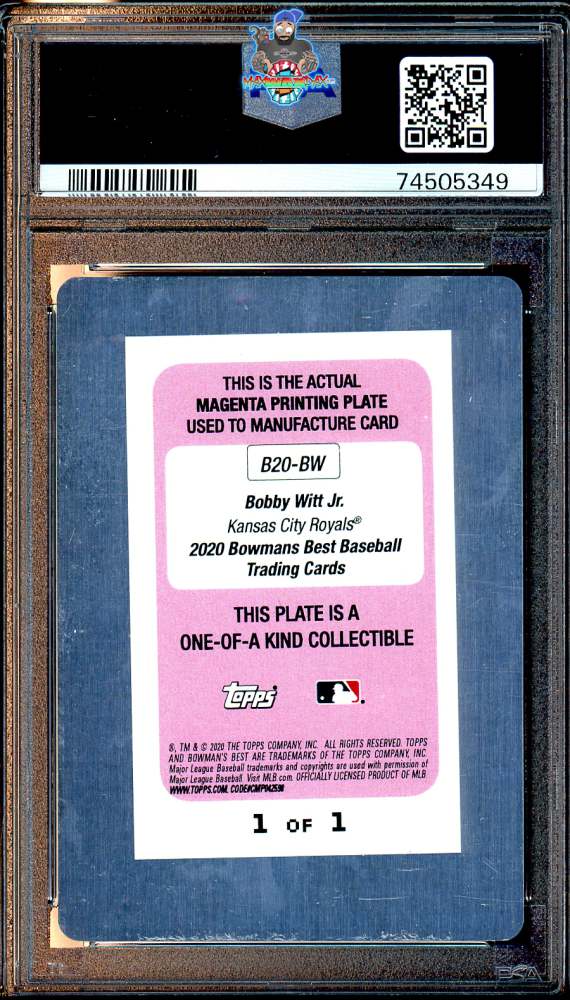 Back of 2020 Bowman's Best Best of '20 Autograph Printing Plates Magenta Bobby Witt Jr. #B20BW /1