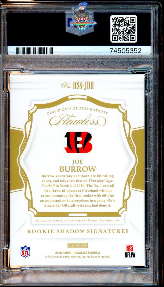 Back of 2020 Panini Flawless Rookie Shadow Signature Joe Burrow #1 /25