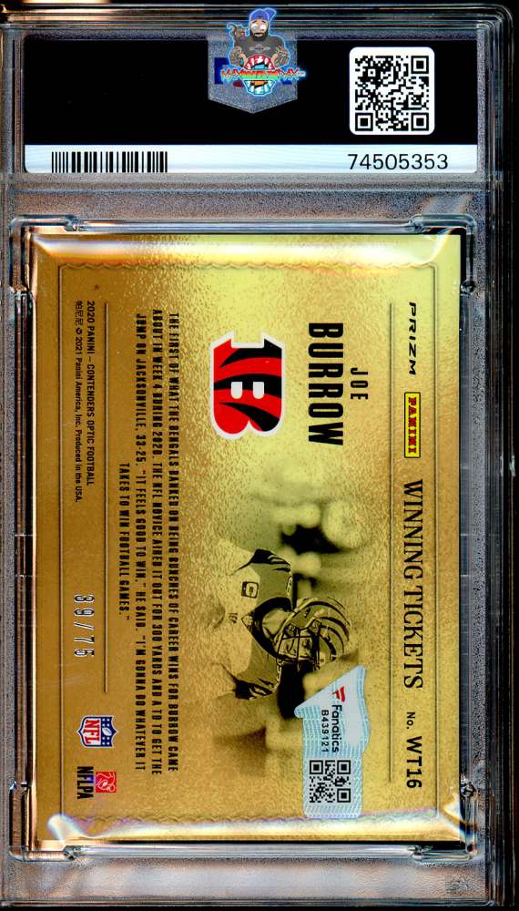 Back of 2020 Panini Contenders Optic Winning Ticket Pink Joe Burrow #WT16