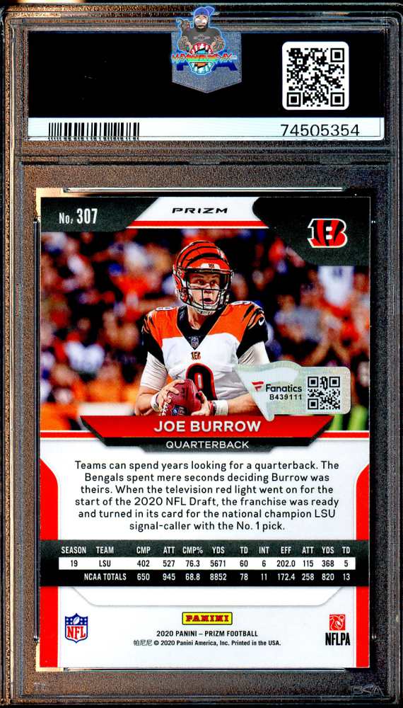 Back of 2020 Panini Prizm Red Ice Prizm Joe Burrow #307