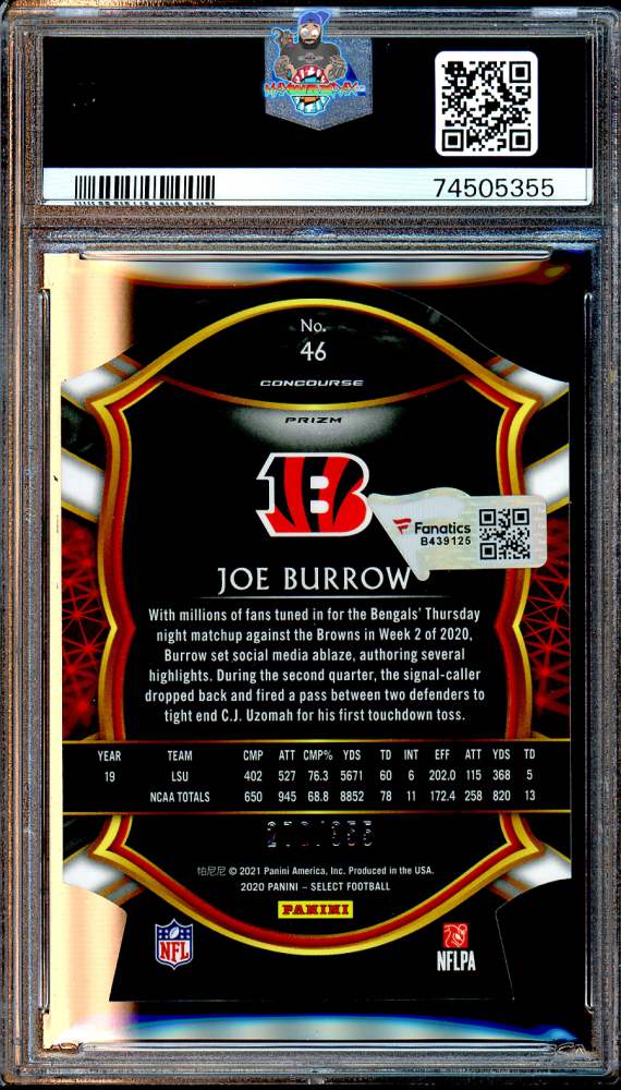 Back of 2020 Panini Select Prizm Copper Die Cut Joe Burrow #46 /355