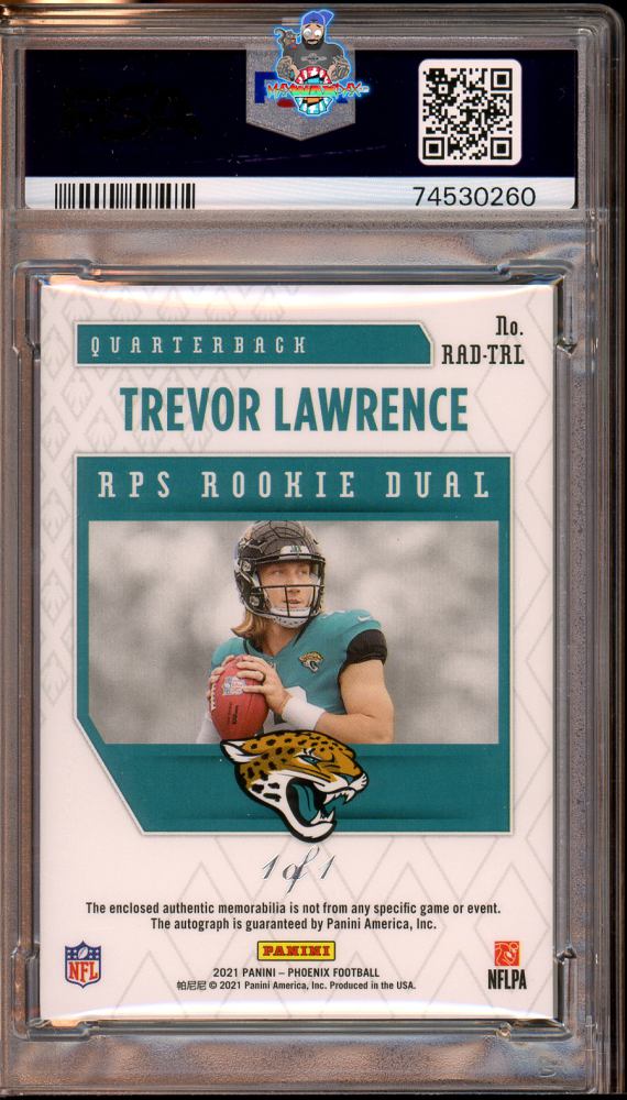 Back of 2021 Panini Phoenix Rookie Premiere Dual Jersey Autograph Laundry Tag NFL Players Logo Trevor Lawrence #1 /1
