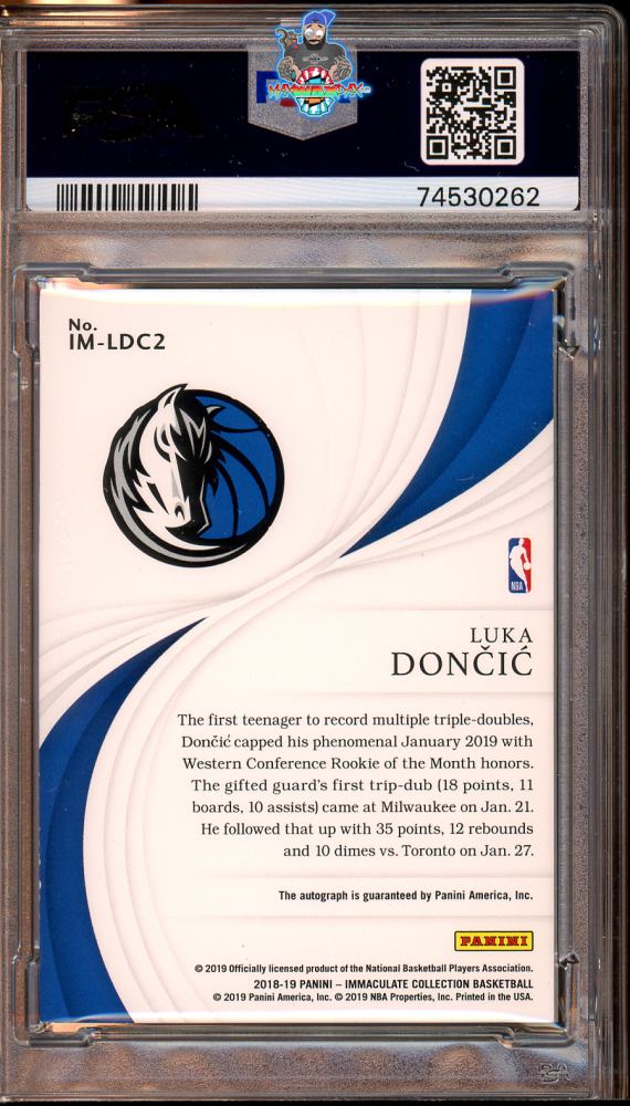 Back of 2018 Panini Immaculate Collection Immaculate Moments Autograph Luka Doncic #19 /99