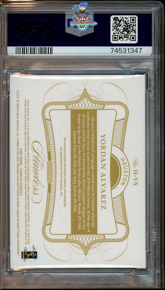 Back of 2020 Panini Flawless Horizontal Rookie Patch Autograph Ruby Yordan Alvarez #5 /20