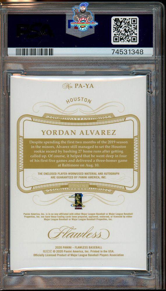 Back of 2020 Panini Flawless Patch Autograph Sapphire Yordan Alvarez #5 /15