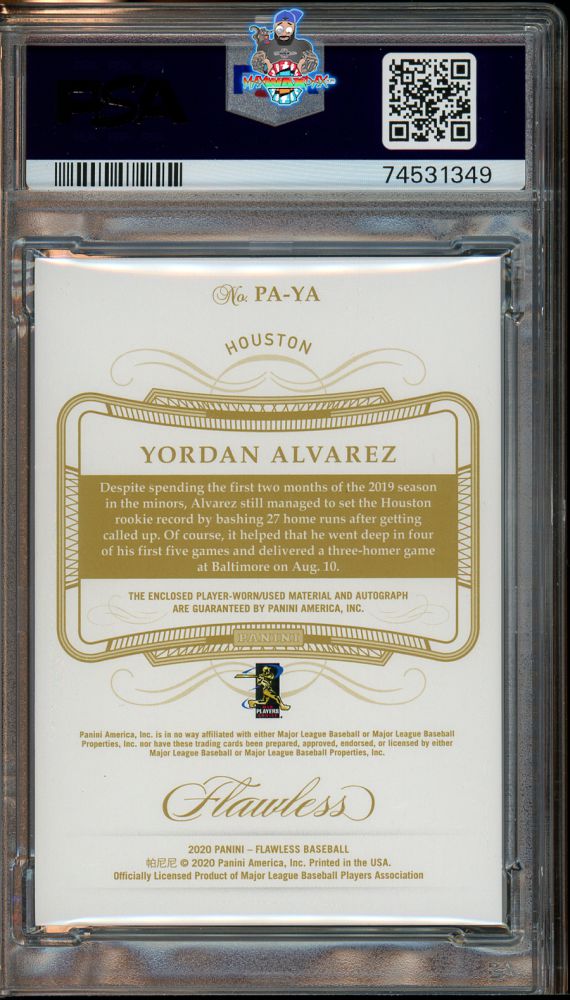 Back of 2020 Panini Flawless Patch Autograph Sapphire Yordan Alvarez #5 /15