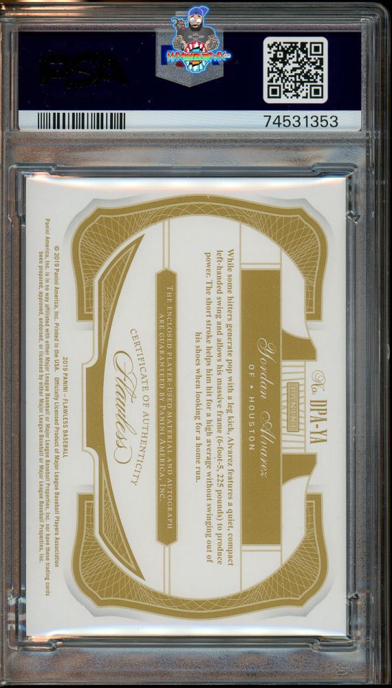 Back of 2019 Panini Flawless Dual Patches Autograph Emerald Yordan Alvarez #13 /5