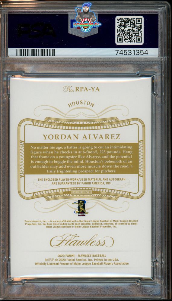 Back of 2020 Panini Flawless Rookie Patch Autograph Yordan Alvarez #20 /25