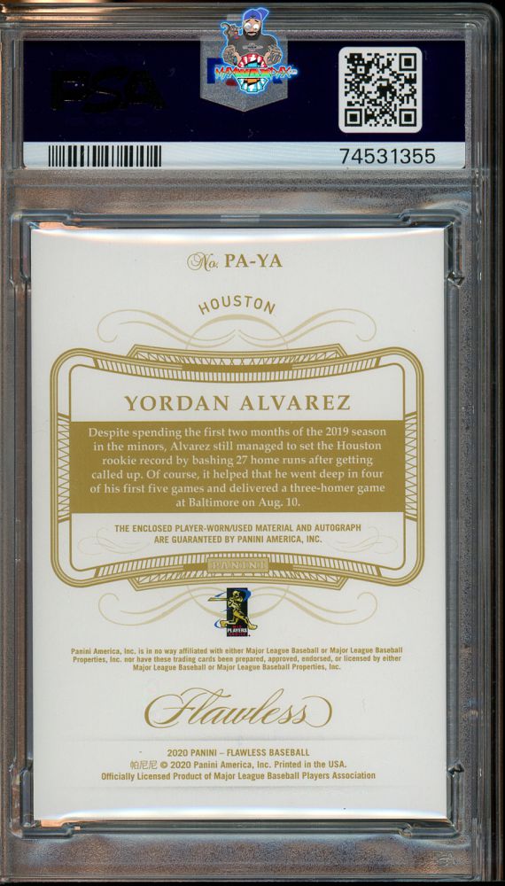 Back of 2020 Panini Flawless Patch Autograph Sapphire Yordan Alvarez #5 /15