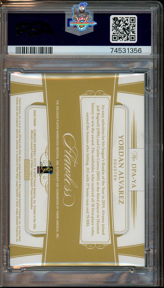 Back of 2020 Panini Flawless Rookie Dual Patches Autograph Sapphire Yordan Alvarez #10 /15