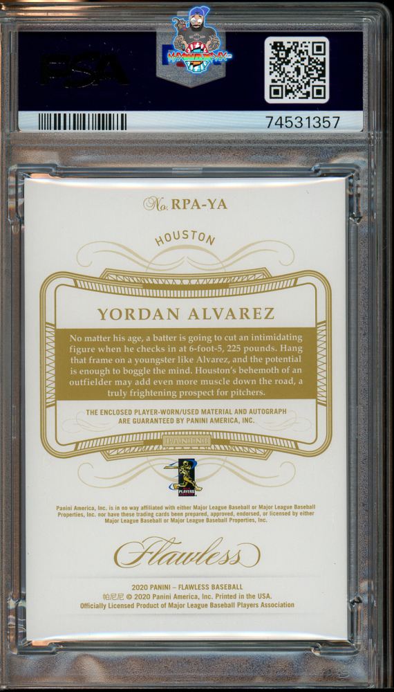 Back of 2020 Panini Flawless Rookie Patch Autograph Sapphire Yordan Alvarez #20 /15