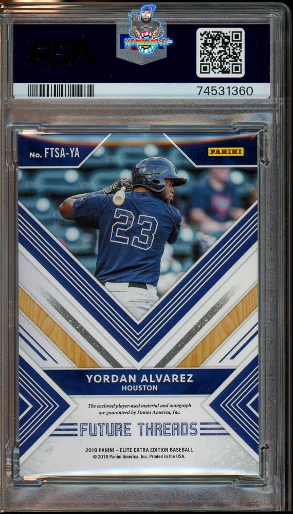 Back of 2018 Panini Elite Extra Edition Future Threads Silhouette Material Autograph Holo Silver Yordan Alvarez #33 /1