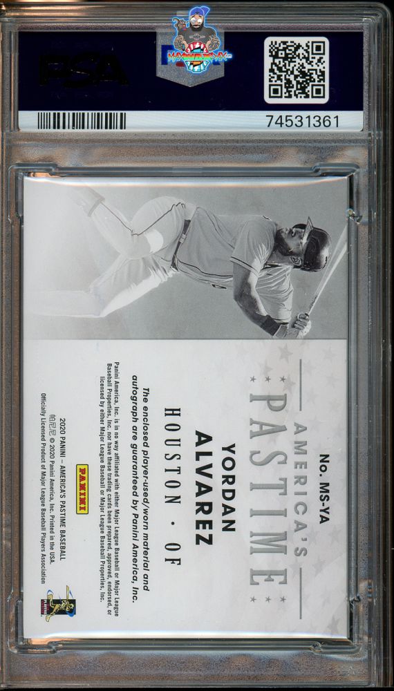 Back of 2020 Panini Chronicles America's Pastime Material Signature Black Yordan Alvarez #1 /1