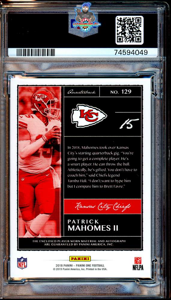 Back of 2018 Panini One Red Jersey Patch Autograph Platinum Patrick Mahomes II #129 /5