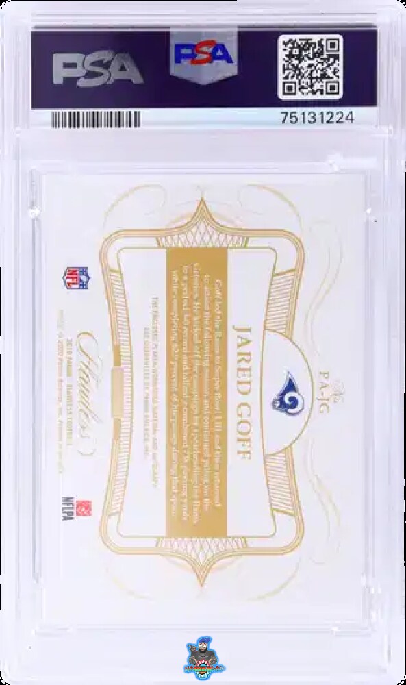 Back of 2022 Panini Honors Recollection Collection '19 Flawless Patch Autograph Ruby Jared Goff #PAJG /1