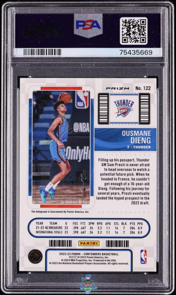 Back of 2022 Panini Contenders Autograph-Premium Edition-Gold Vinyl 1/1 Ousmane Dieng #122