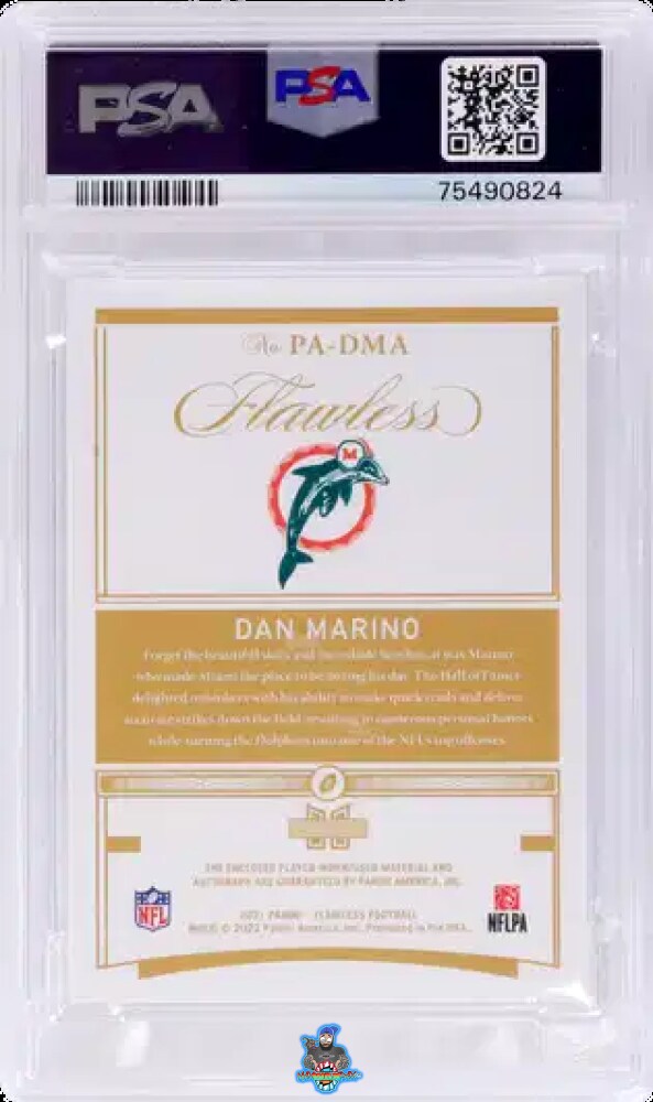 Back of 2021 Panini Flawless Patch Autograph Sapphire Dan Marino #PA-DMA /10