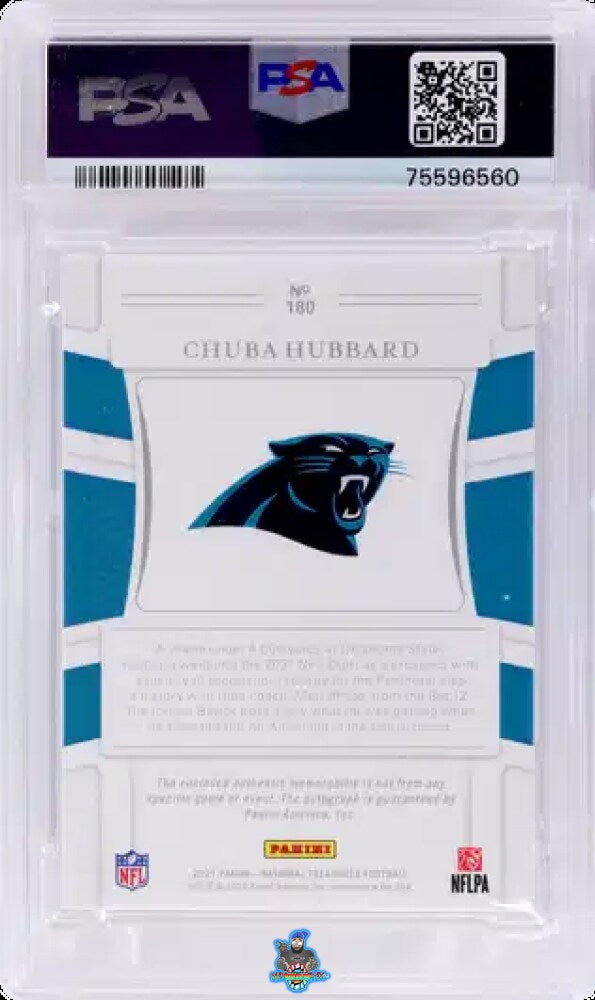 Back of 2021 National Treasures Patch Autograph Red Laundry Tag Chuba Hubbard #180 /1
