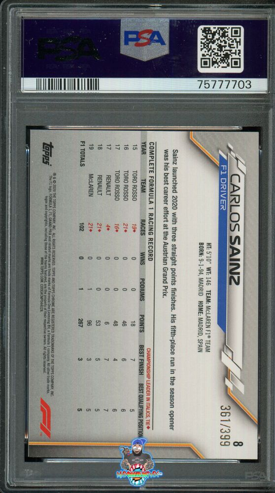Back of 2020 Topps Chrome Formula 1 Purple Refractor Carlos Sainz #8 /399