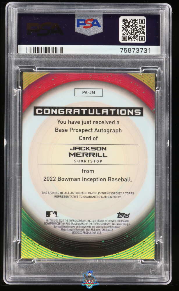 Back of 2022 Bowman Inception Prospect Autograph Orange Jackson Merrill #PAJM /25